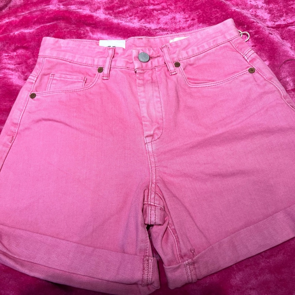 Pink high rise cuffed denim shorts